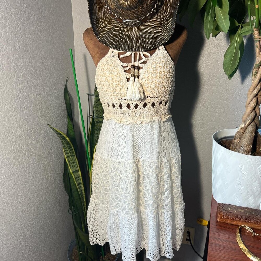 Women's White and Cream Dress